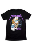 Front of Metallica Damaged Justice black t-shirt featuring skull artwork from the tour, displayed on a white background.