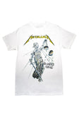 Metallica And Justice for All white t-shirt featuring artwork from the album, displayed on a white background.