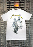 Metallica And Justice for All white t-shirt featuring artwork from the album, displayed on a metal gate background.