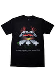 Front of Metallica Master of Puppets black t-shirt featuring artwork from the album, displayed on a white background.