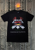 Front of Metallica Master of Puppets black t-shirt featuring artwork from the album, displayed on a metal gate background.