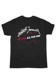 Front of Metallica Raven Kill 'Em All For One black t-shirt featuring a red outline of the united states artwork from the 1983 tour with both bands along with their logos in white and the tour name, displayed on a white background.