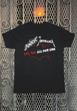 Front of Metallica Raven Kill 'Em All For One black t-shirt featuring a red outline of the united states artwork from the 1983 tour with both bands along with their logos in white and the tour name, displayed on a metal gate background.