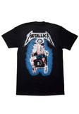 Back of Metallica Ride the Lightning black t-shirt featuring a figure being electrocuted in an electric chair with the band logo in black text on white across the top, displayed on a white background.