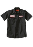 Black work shirt featuring a name patch that says 'M. Myers' on the left chest and patch with 'Haddonfield Memorial' on the right chest, displayed on a white background.