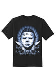 Michael Myers Tatted black t-shirt featuring a black, blue, and white illustration of the mask with the word 'Killer' tattooed across the forehead with stripes and knives behind the image, displayed on a white background.