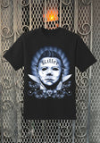Michael Myers Tatted black t-shirt featuring a black, blue, and white illustration of the mask with the word 'Killer' tattooed across the forehead with stripes and knives behind the image, displayed on a metal gate background.