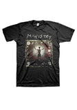 A black short-sleeve graphic t-shirt featuring the band Ministry and their album artwork for 'The Great Devourer' on a white background.