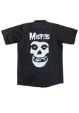 Back of Misfits Crimson Ghost black button down short sleeve work shirt featuring a large image of the crimson ghost and the band logo in white, displayed on a white background.