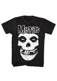 Misfits Crimson Ghost black t-shirt featuring a large band logo in white outline along with a large image of their Crimson Ghost in white, displayed on a white background.