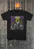 Misfits Earth A.D. black t-shirt featuring artwork from the album, displayed on a metal gate background.