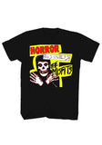 Misfits Horror Business black t-shirt featuring artwork from the 7inch single along with the words 'Horror Business The Misfits' in various different large fonts red, white, black and yellow outline around all, displayed on a white background.