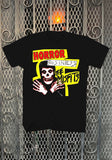 Misfits Horror Business black t-shirt featuring a large image of a skeleton figure from elbows up with hands crossed across chest and the words 'Horror Business The Misfits' in various different large fonts red, white, black and yellow outline around all, displayed on a metal gate background.