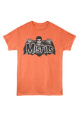 Misfits Crimson Ghost Bat orange t-shirt featuring a large band logo in white outlined letters on top of a black and white bat winged Crimson Ghost illustration, displayed on a white background.