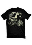 Monster Collage Glow in the Dark black t-shirt featuring a black and white image of the various movie monsters: Dracula, Wolfman, Creature from Black Lagoon, Frankestein, Bride of Frankenstein, and The Mummy, displayed on a white background.