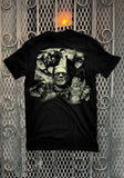 Monster Collage Glow in the Dark black t-shirt featuring a black and white image of the various movie monsters: Dracula, Wolfman, Creature from Black Lagoon, Frankestein, Bride of Frankenstein, and The Mummy, displayed on a metal gate background.