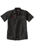 Black Mortician work shirt featuring a name patch that says 'Mortician' on the left chest and a black and red coffin shaped patch with a cross on the right chest, displayed on a white background.