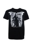 Morticia Addams black t-shirt featuring a black and white image of her sitting in a chair designed to look like a ribcage, displayed on a white background.