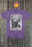 Motley Crue Dr Feelgood purple t-shirt featuring a black and white image of the band along with text for various songs from the album and 'Bad Boys of Hollywood Motley Crue' above the image, displayed against a metal gate background.
