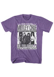 Motley Crue Dr Feelgood purple t-shirt featuring a black and white image of the band along with text for various songs from the album and 'Bad Boys of Hollywood Motley Crue' above the image, displayed against a white background.