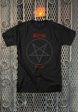 Motley Crue Shout at the Devil black t-shirt featuring album artwork, displayed against a metal gate background.