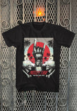 Motley Crue Hand on the Strip black t-shirt featuring artwork from the Too Fast for Love album, displayed on a metal gate background.