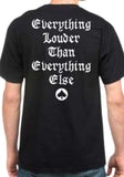 Back of Motorhead England black t-shirt featuring large stylized white text 'Everything louder than everything else' along with a black and white spade, on a model.