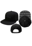 Black snapback cap shown from multiple angles, including the front view with tonal embroidered lettering "Motorhead", the inside of the bill view with a black-and-white warpig design repeating, and the back with a tonal iron cross design.