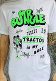 Mr Bungle There's a Tractor in my balls white t-shirt featuring the text and doodles from the album artwork, photographed on a model in front of a metal gate.