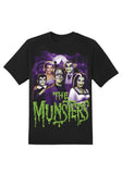 Munsters Spooky Family black t-shirt featuring the word 'Musters' in large green dripping text along with a colorful image of the family, displayed on a white background.