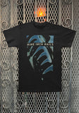 Nine Inch Nails Pretty Hate Machine black t-shirt featuring artwork from the album, displayed on a metal gate background.