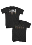 Black Nine Inch Nails Downward Spiral t-shirt featuring the album cover art with the NIN logo on the front and the album cover art with the words 'nine inch nails the downward spiral' on the back, on a white background.