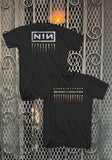 Black Nine Inch Nails Downward Spiral t-shirt featuring the album cover art with the NIN logo on the front and the album cover art with the words 'nine inch nails the downward spiral' on the back, on a metal gate background.
