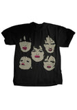 New York Dolls Faces black t-shirt featuring band mates faces in beige with pink lips, displayed on a white background.