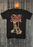 Black Ozzy Osbourne Blizzard Lightning t-shirt featuring the album artwork, on a metal gate background.