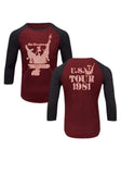Ozzy Osbourne Blizzard of Ozz tour heather red raglan t-shirt with heather grey 3/4 sleeves featuring a white image of Ozzy on the front with the words 'Blizzard of Ozz' and the words 'U.S. Tour 1981' in white text on the back, on a white background.
