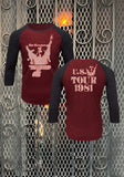 Ozzy Osbourne Blizzard of Ozz tour heather red raglan t-shirt with heather grey 3/4 sleeves featuring a white image of Ozzy on the front with the words 'Blizzard of Ozz' and the words 'U.S. Tour 1981' in white text on the back, on a metal gate background.
