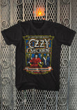 Black Ozzy Osbourne Nassau Coliseum t-shirt featuring the live show artwork, on a metal gate background.