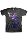 Ozzy Osbourne and Randy Rhoads Tribute black t-shirt featuring a purple image of Ozzy picking up Randy while he plays guitar along with the words 'Ozzy Osbourne Randy Rhoads Tribute' in white on the upper right chest, displayed on a white background.