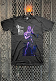Ozzy Osbourne and Randy Rhoads Tribute black t-shirt featuring a purple image of Ozzy picking up Randy while he plays guitar along with the words 'Ozzy Osbourne Randy Rhoads Tribute' in white on the upper right chest, displayed on a metal gate background.