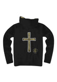 Back of Ozzy Osbourne No More Tours black hooded sweatshirt featuring a large gold cross with the word 'Ozzy' across it and a smaller logo to the lower right of it, displayed on a white background.