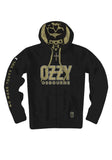Front of Ozzy Osbourne No More Tours black hooded sweatshirt featuring large 'Ozzy' and smaller 'Osbourne' in gold text with white outlines across the front, the words 'No more tours vol 2' down the right sleeve, and a gold skull illustration inside the hood, displayed on a white background.