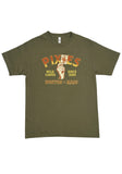 Pixies Joker olive green t-shirt featuring the band name in orange and yellow with a vintage looking joker playing card being held up by a hand with the text 'wild cards since 1986 Boston Mass', displayed against a white background.