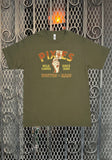 Pixies Joker olive green t-shirt featuring the band name in orange and yellow with a vintage looking joker playing card being held up by a hand with the text 'wild cards since 1986 Boston Mass', displayed against a metal gate background.