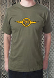 Front of Pixies Logo olive green t-shirt featuring the band logo in yellow with black outline across the chest, on a model against a metal gate background.