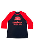 Front of Rocky Horror black raglan t-shirt with bright red 3/4 sleeves featuring the large lips logo and the words 'The Rocky Horror Picture Show' in red blood dripping text, displayed on a white background.