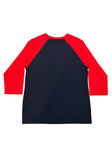 Back of Rocky Horror black raglan t-shirt with bright red 3/4 sleeves featuring the large lips logo and the words 'The Rocky Horror Picture Show' in red blood dripping text, displayed on a white background.