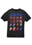 Rolling Stones Evolution Tongues black t-shirt featuring 16 different renditions of their tongue logo, displayed against a white background.