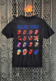 Rolling Stones Evolution Tongues black t-shirt featuring 16 different renditions of their tongue logo, displayed against a metal gate background.