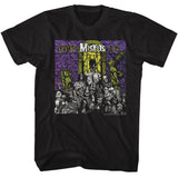 Close-up of Misfits Earth A.D. black t-shirt featuring artwork from the album, displayed on a white background.